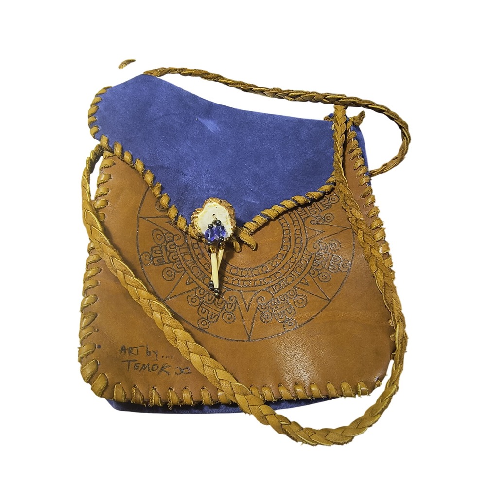 Handmade Leather Crossbody Bag Temok‎ Art Boho Aztec Sun Design Purse Unused New